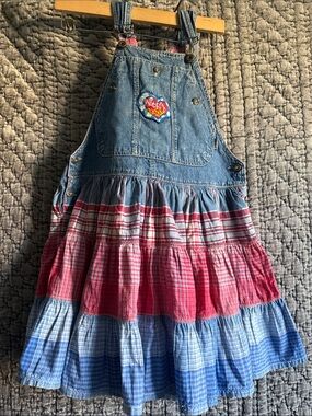 Oilily Denim Bib Dress with Red and Blue Plaid Skirt100%Cotton Made in Italy.